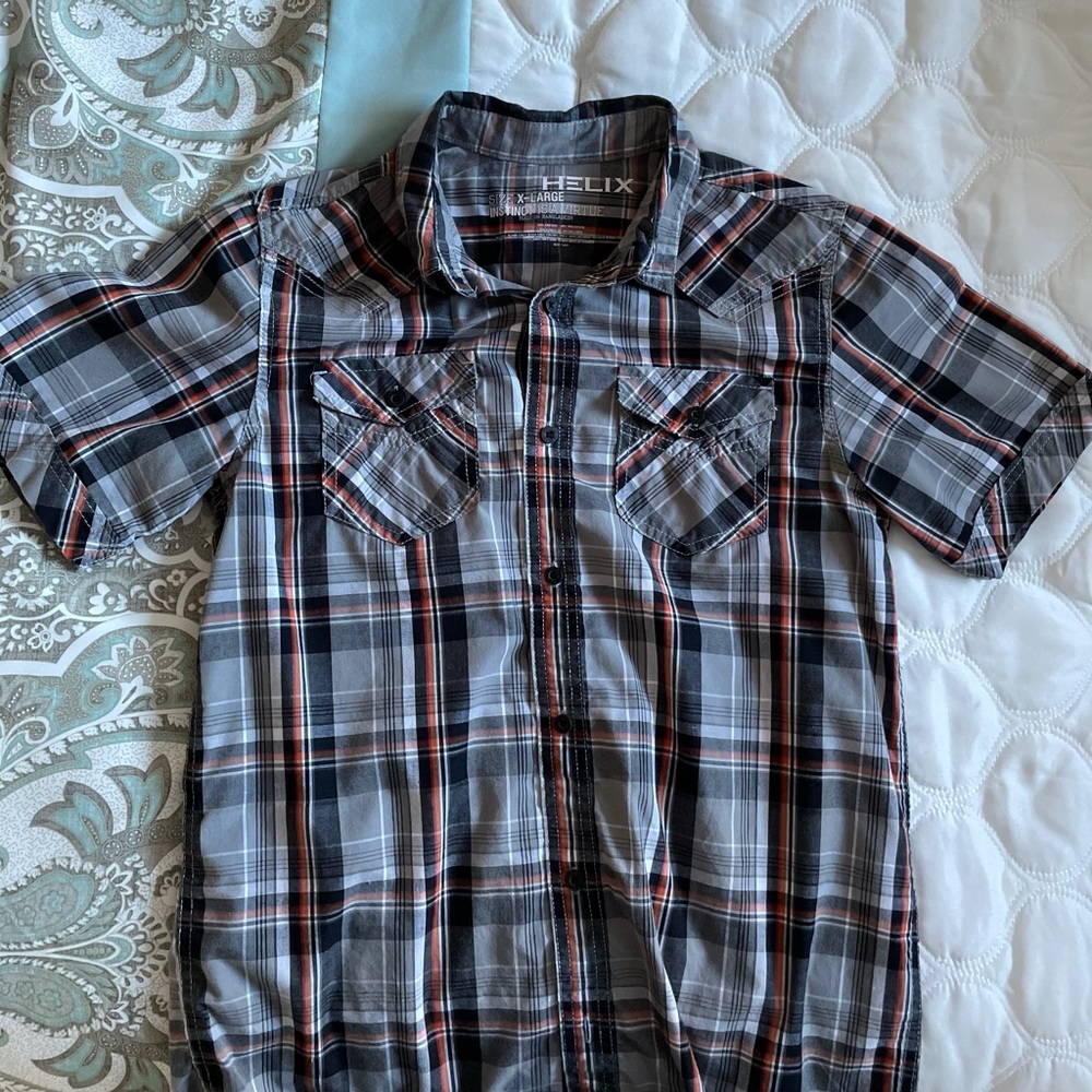 Orange and Black Plaid Short Sleeve Button Up